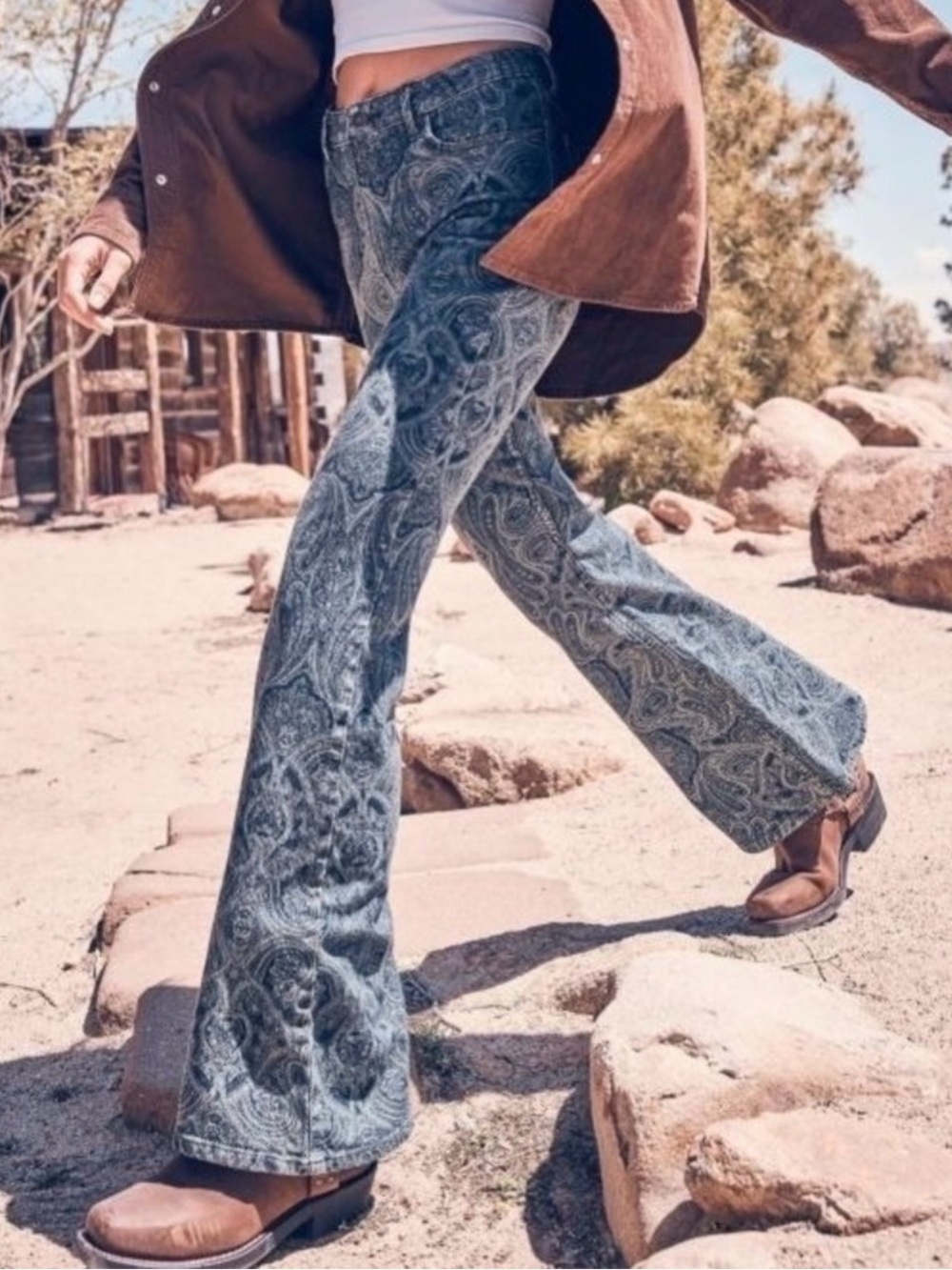 Wrangler Western Boho Retro Flare Cut Paisley Print Jeans
